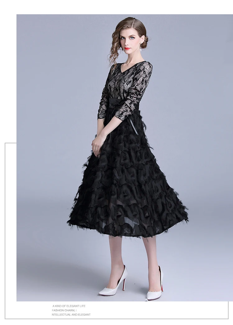309 Women Dress Elegant Vintage Patchwork Lace Dresses 2018 High Quality Tassel Feathers Slim Women Dresses Evening Party 7