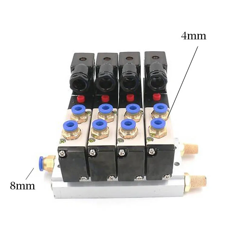 DC 12 В 24 В Четырехместный Пневматический электромагнитный клапан 4V210-08 глушитель 4 мм 6 мм 8 мм 10 мм 12 мм Быстрый фитинг базовый набор 110 В 220 В 4V210 08 - Цвет: 4mm Fittings