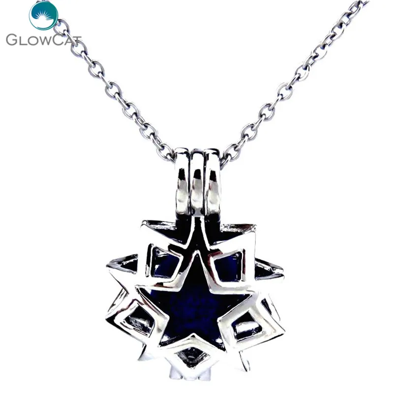 

K292 Silver Oysters Cage Locket 24mm Multilayer Star Stainless Steel Necklace Aroma Essential Oil Diffuser Locket