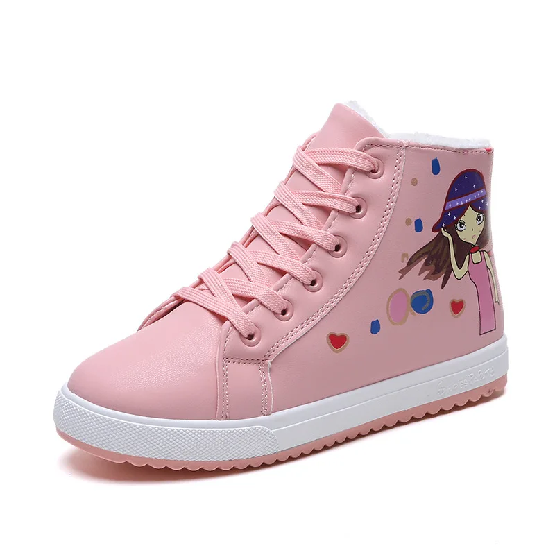 

2018 Winter New High-top Cotton Shoes for Women with Fleece Warm Casual Flat Boots Round Head Lace-up Shoes for Students