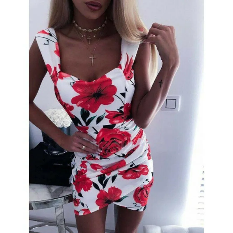 Women Dress Floral Print Ladies Bodycon Dresses Holiday Beach Clothes Sundress Women Party Dresses Sleeveless Ladies Clothes