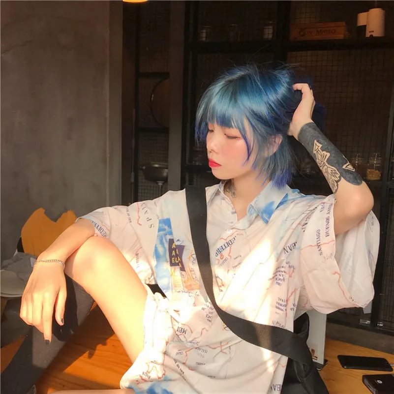  NiceMix Summer Harajuku Blouse Short Sleeve Womens Shirt Digtal Print Map Tops And Blouses Casual B