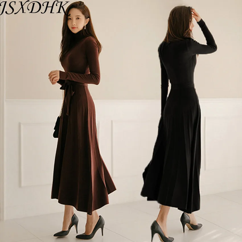 

JSXDHK Elegant Turtleneck Pullovers Women's Dress Autumn Winter Long Sleeve Knitted Ladies Thicken Warm Pleated Belt Maxi Dress