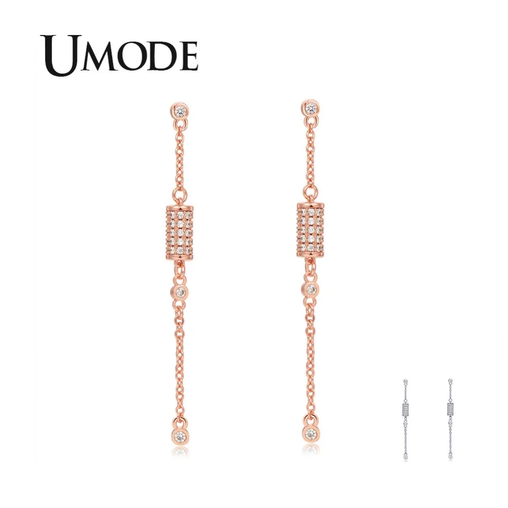 

UMODE 2019 New Clear Round Zircon Long Drop Earring for Women Rose&White Gold CZ Crystal Jewelry Long Drop Chains Tassel AUE0533