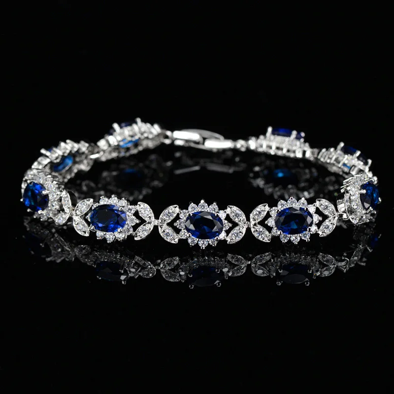 BeaQueen элегантные турецкие 925 пробы серебряные женские ювелирные изделия овал, куб, цирконий цветок браслет для роскошных свадебных вечеринок B066 - Окраска металла: Dark Blue