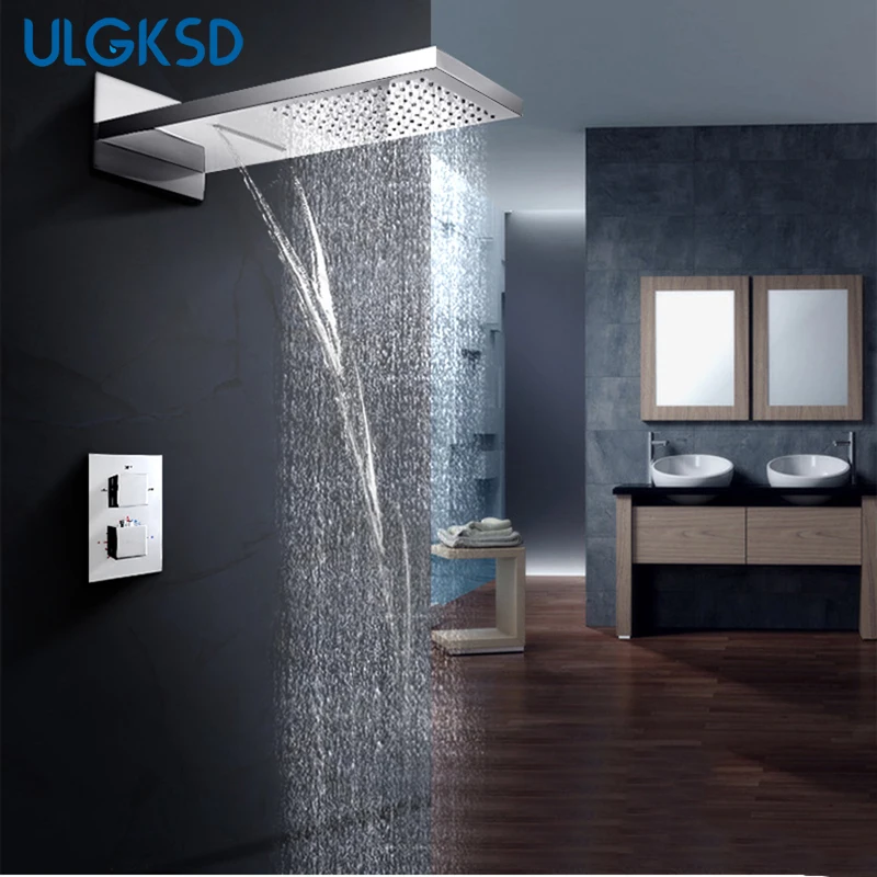 

Ulgksd theromostatic shower faucets Waterfall Rain bath shower Faucet chrome shower head wall mount system mixer tap