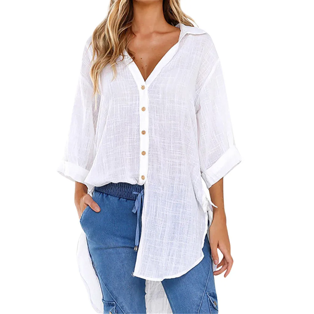 

t shirt wo Loose Button Long Shirt Cotton Ladies Casual Tops T-Shirt tee shirt femme vogue camiseta