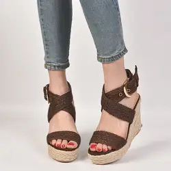 Сандра Дж.Р.Р. летний клинья пятки льняное белье насосы сандалии открытый носок на высоком каблуке Женская обувь увеличивающие рост Туфли