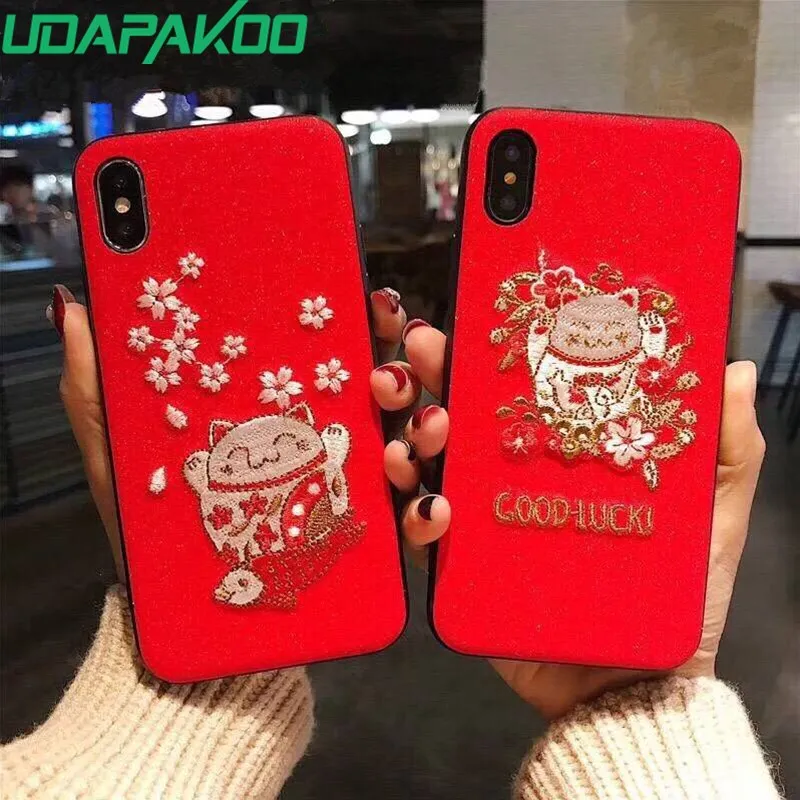 Udapakoo New Style Embroidery Cute Case for iPhone 6s Lucky Fortune Cat TPU Cover 6 7 8 plus X Year Gifts | Мобильные телефоны и