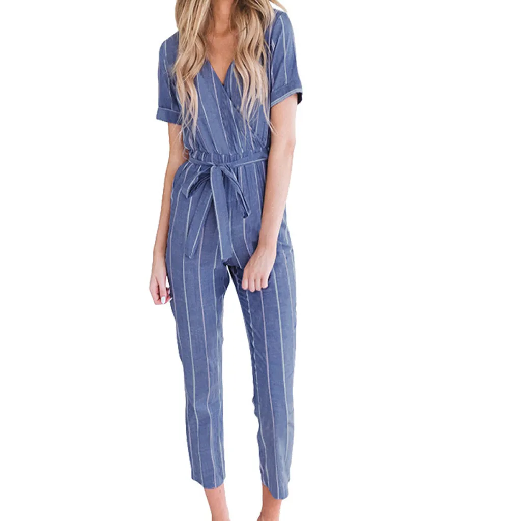 

2019 MAXIORILL New Women V-Neck Short Sleeved Cotton Linen Striped Plus Size Loose Belt Jumpsuit Wholesale T3