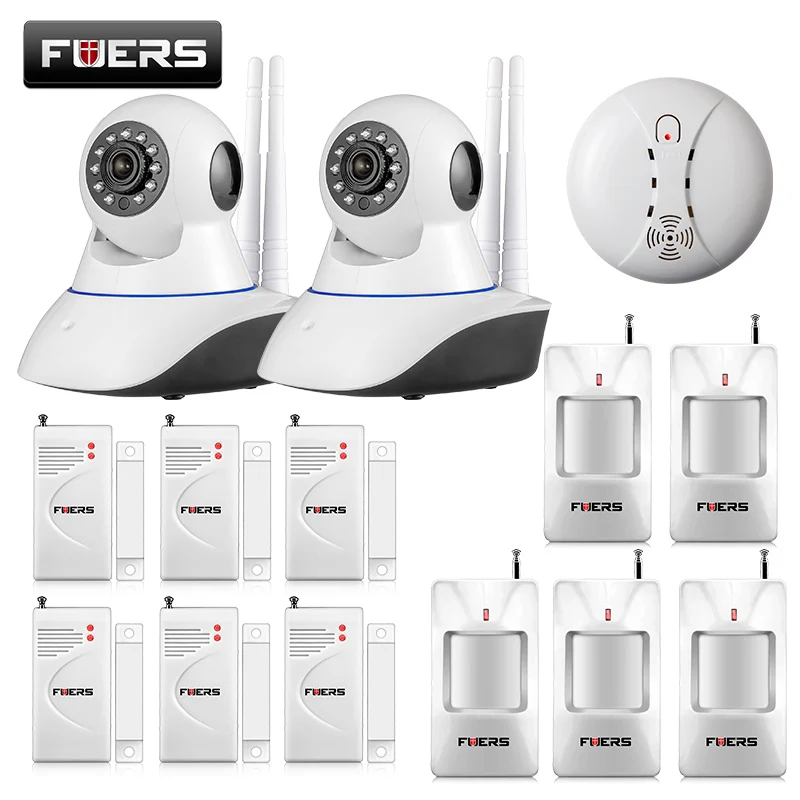 Fuers 720P IP Camera IR-cut Night Version Function WiFi Alarm System for Villa Home Burglar Security with Fire Smoke Detector