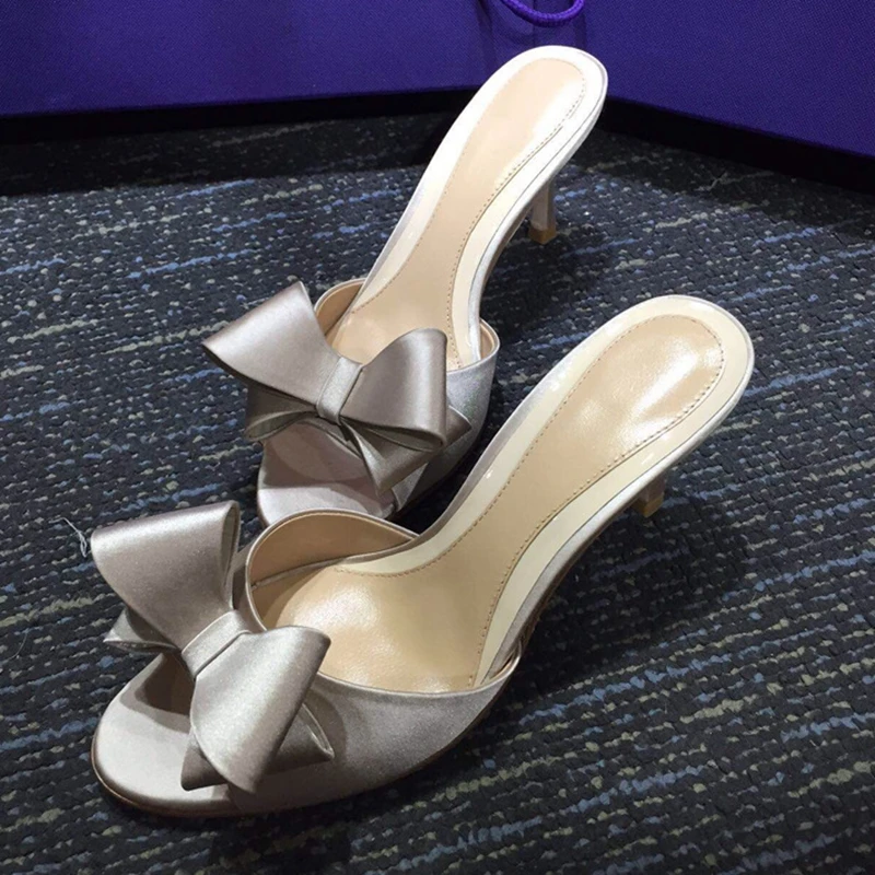 US $21.35 Sweet Mule Women Slippe Silk Butterfly Knot Mules SlipOn Kitten Heels Slippers Satin Dress Causal Outdoor Sandals Shoes Femme