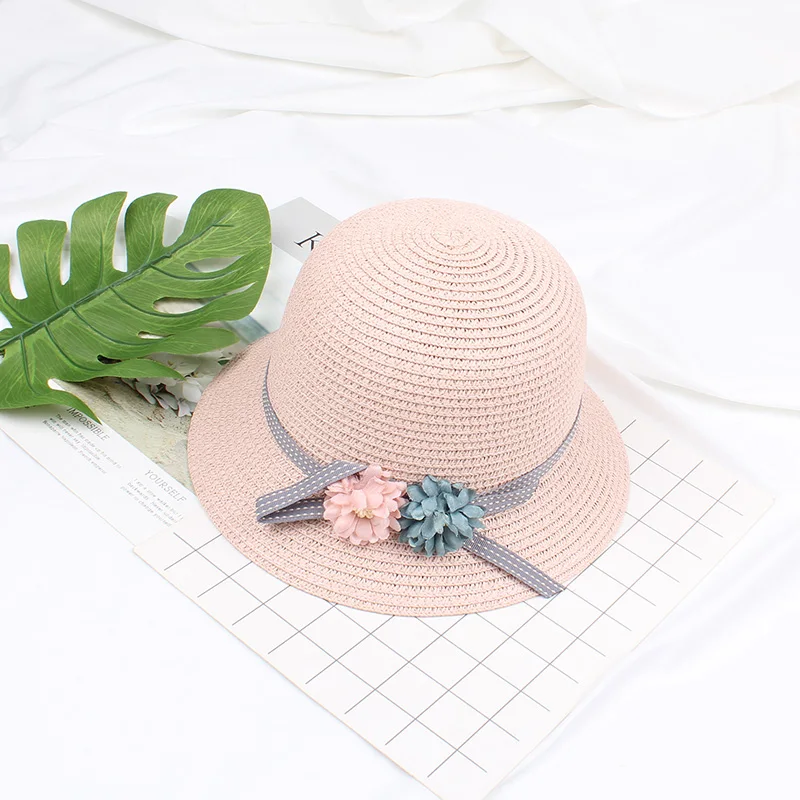 Высококачественные соломенные шляпы для мальчиков и девочек, летние солнцезащитные шляпы с цветами для детей, детские пляжные шляпы, складные солнцезащитные кепки - Color: Pink