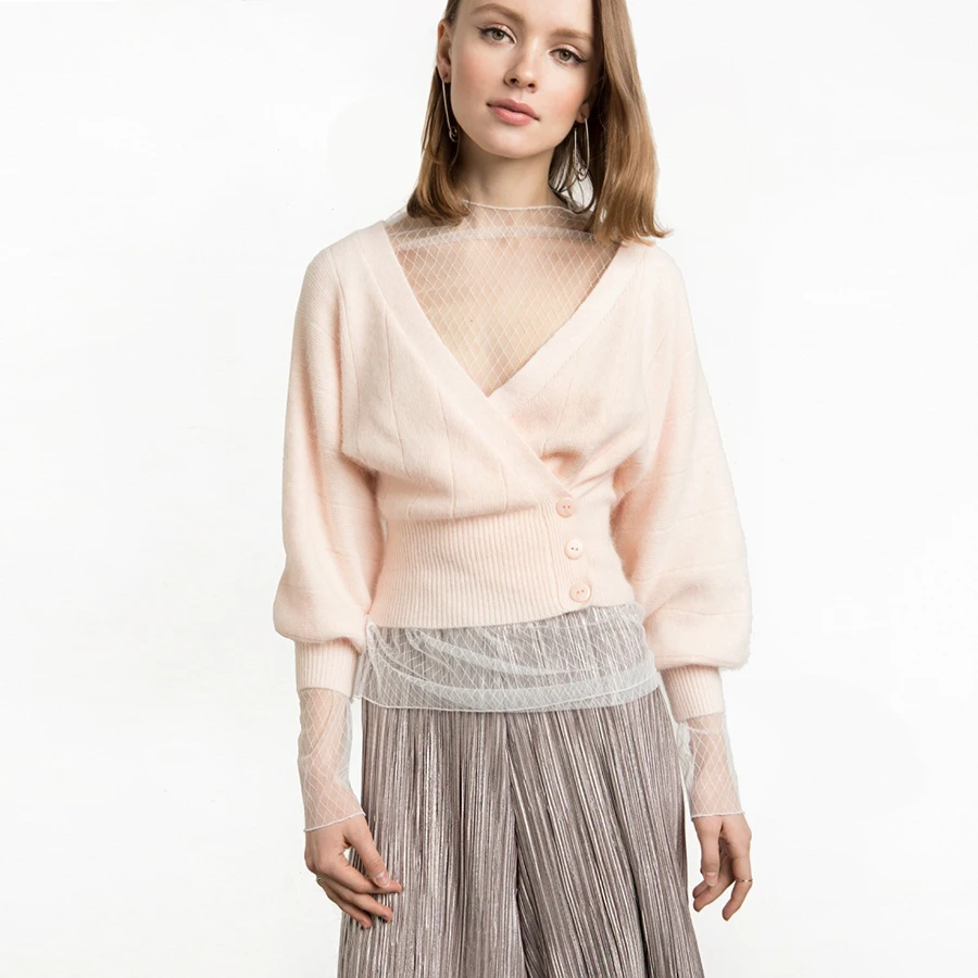 Cute Mesh Lace v Neck Sweater Women Transparent Plus Size Sweaters
