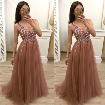 

Long Prom Dresses Elegant Deep V-neck A-line Tulle Skirt Sequins Beading Brown Formal Party Dresses Evening Vestidos De Formal