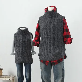 

Children Girls Sweaters Vest Family Matching Clothes High-necked Wool Vest Mother and Daughter Clothes Parent-child Outfits Grey