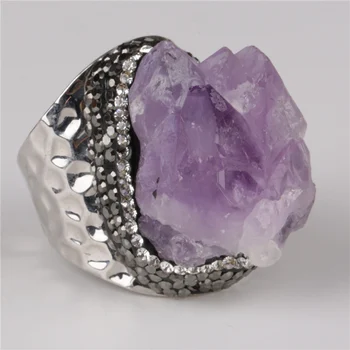 

big rough lilac violet purple amethysts crystal stone pave rhinestone bead charm open hammered ring cuff for woman man