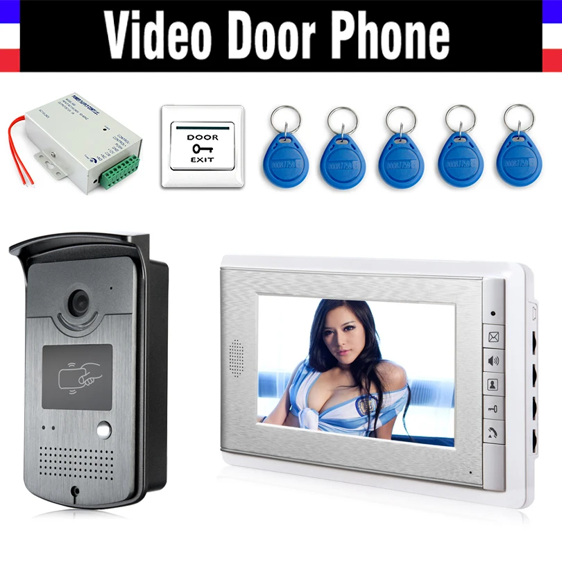 Inch Screen Video Door Phone Doorbell Intercom System kits +5 PCS RFID  Key IR Camera 12V DC Power Supply+ Door Exit Botton AliExpress