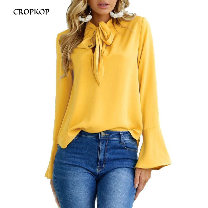 Fashion Flare Long Sleeve Bow Chiffon Ruffle Blouse 2018 Spring ...