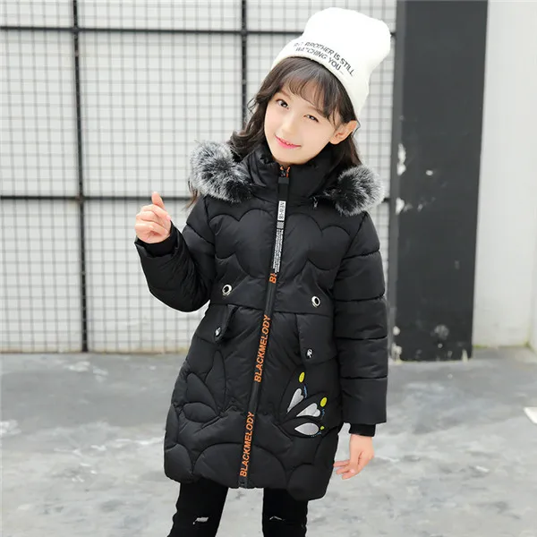 Rlyaeiz/ г. Модные зимние куртки для девочек с меховым воротником, модные парки с принтом для девочек, пальто утепленная верхняя одежда средней длины для девочек