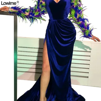 

High Fashion Royal Blue Taffeta Evening Dresses Mermaid LOng Feather Sleeves High Split Sexy Evening Dance Party Celebrity Gown