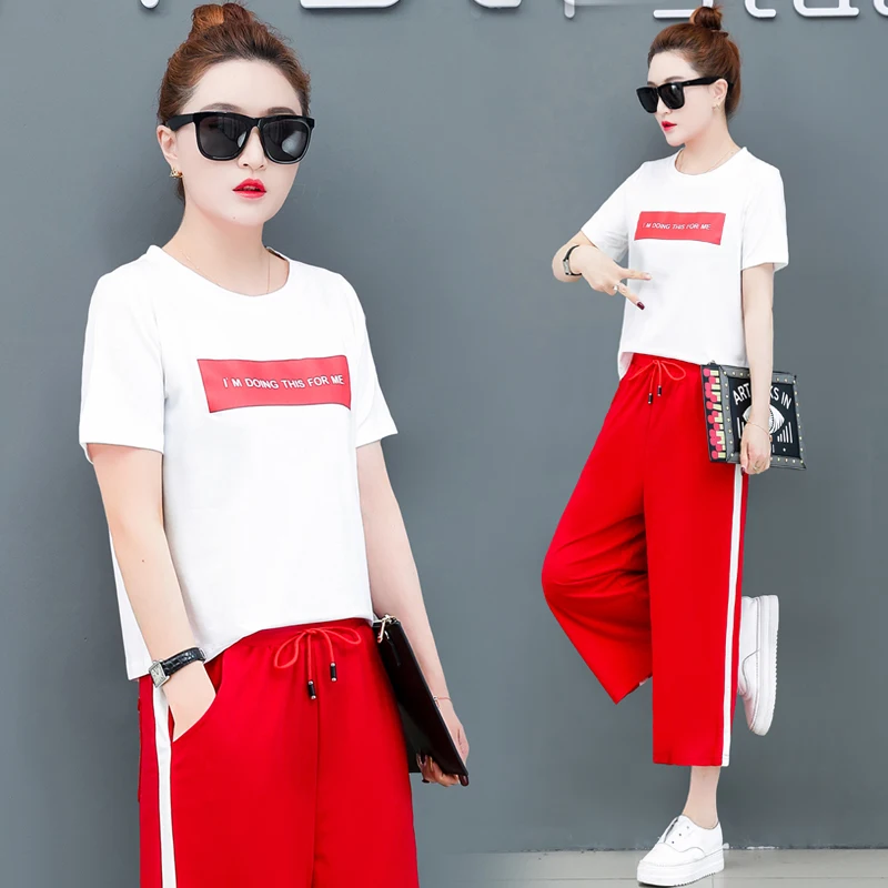 

Red 2 Piece Matching Set Tracksuits for Women Outfits Sportswear Co-ord 2019 Summer Plus Size Big Pants Suits and Top Clothing