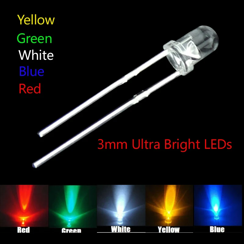 

5 colors x100=500pcs 3mm New Round water clear Red/ Green/Blue/Yellow/White Water Clear LED Light Lamp combination packaging kit