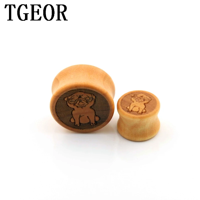 

New arrival Hot charm wholesale 80pcs gauges lovely dog pattern carved original wood saddle ear plug free shipping