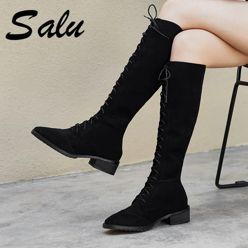 

Salu Women Shoes Winter Cow Suede Leather Knee High Boots Platform Low Heels Vintage Riding Boots Plus Size Shoes Woman