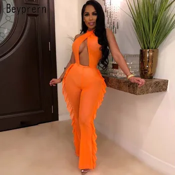 

Beyprern Sexy Halter Neck Cut Out Sheer Mesh Jumpsuit Rompers Elegant Ruffles Details Mesh Jumpsuit Special Occasion Outfits