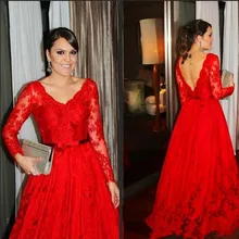 Красные Формальные платья знаменитостей А-силуэт v-образный вырез с длинными рукавами кружева бисером сексуальные длинные вечерние платья знаменитые платья для красной дорожки