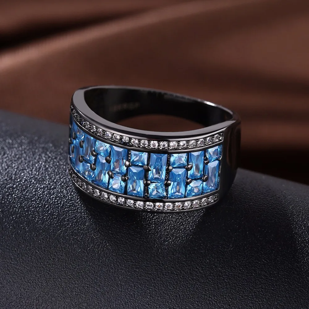 Luxurious Square Blue Cubic Zirconia Party Ring Accessorise Black Gun Color Rings For Womens Fashion Jewelry (JewelOra RI103314)