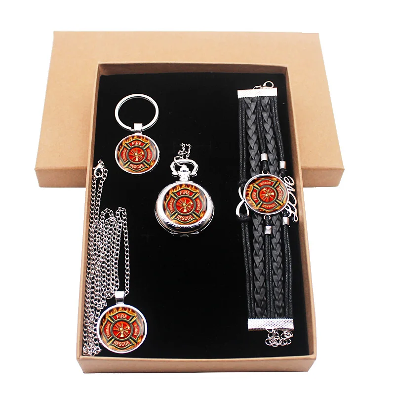 Модные серебряные США пожарный подарочный набор ювелирных изделий есть карманные часы и кулон цепочки ожерелья и брелок браслет с коробкой