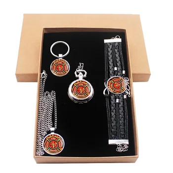 

Fashion Silver United States Firefighter Jewelry Gift Set Have Pocket Watch And Pendant Necklace And Key chain Bracelet With Box