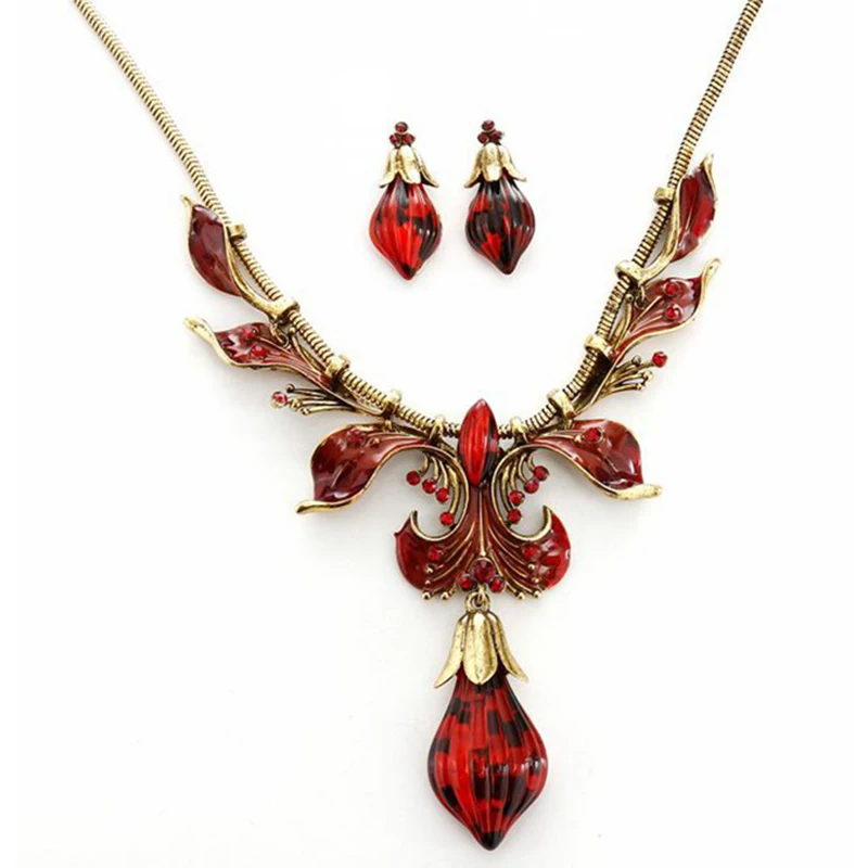 

Hot Sale 5 Colors Crystal Pendant Necklace Earrings Set Metal Red Blue Pink Elegant Jewelry Set Women Valentine Gifts VP638