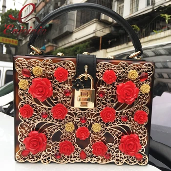 

Luxury fashion design limited edition golden brown leopard hollow flowers acrylic ladies handbag shoulder bag mini messenger bag