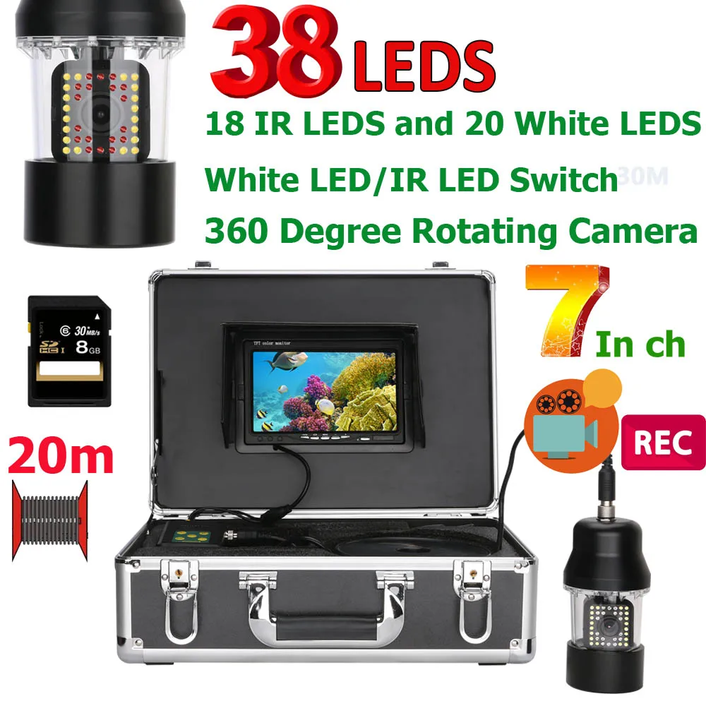 

PDDHKK 7inch DVR Video Recorder Waterproof Video Underwater Camera With 20PCS White LEDs 18PCS IR LED 360 Degree Rotating Camera