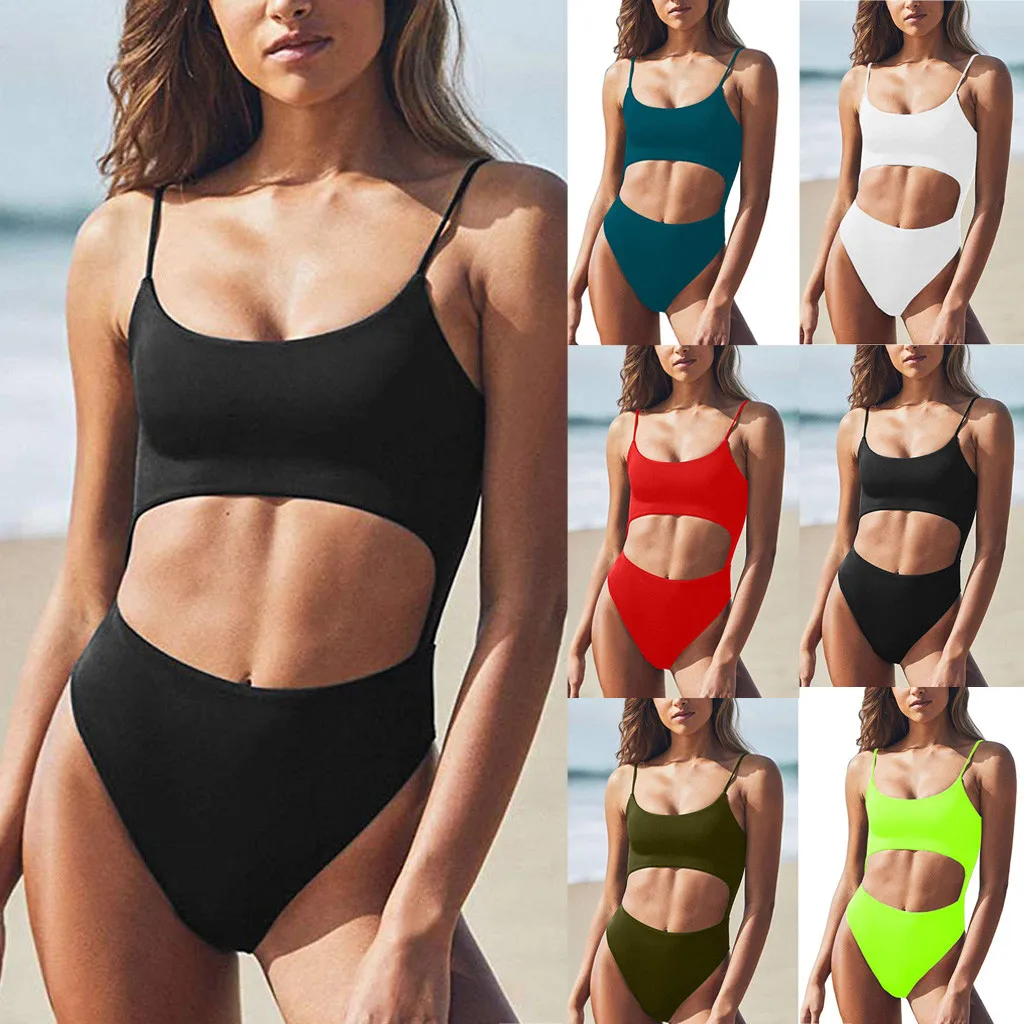 

Women Solid Scoop Neck Cut Out Front Lace Up Back High Cut Monokini Push Up Padded Swimsuit Bikini 2019 Mujer