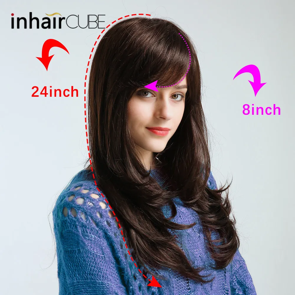 Inhair Cube 2" Смесь натуральных синтетических волос парик длинные тела волна черные парики с челкой для белых женщин Имитация топ парики