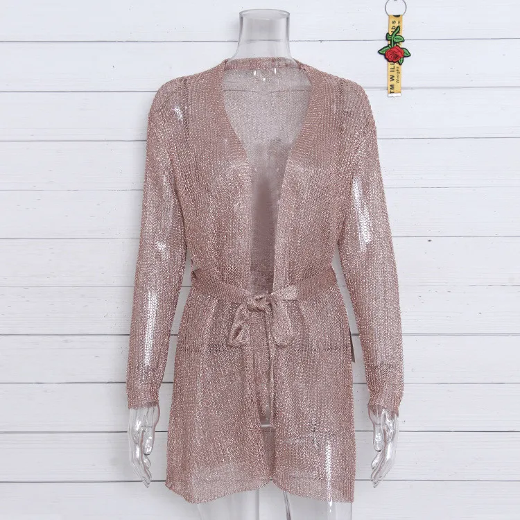 New V-neck Knit Cardigan Dress Rose Gold Nightclub Sexy Thong Dress 17_