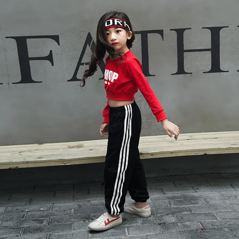 Одежда для танцев в стиле хип-хоп для девочек, детский укороченный топ с длинными рукавами и штаны комплекты из двух предметов Одежда для девочек-подростков 14 16