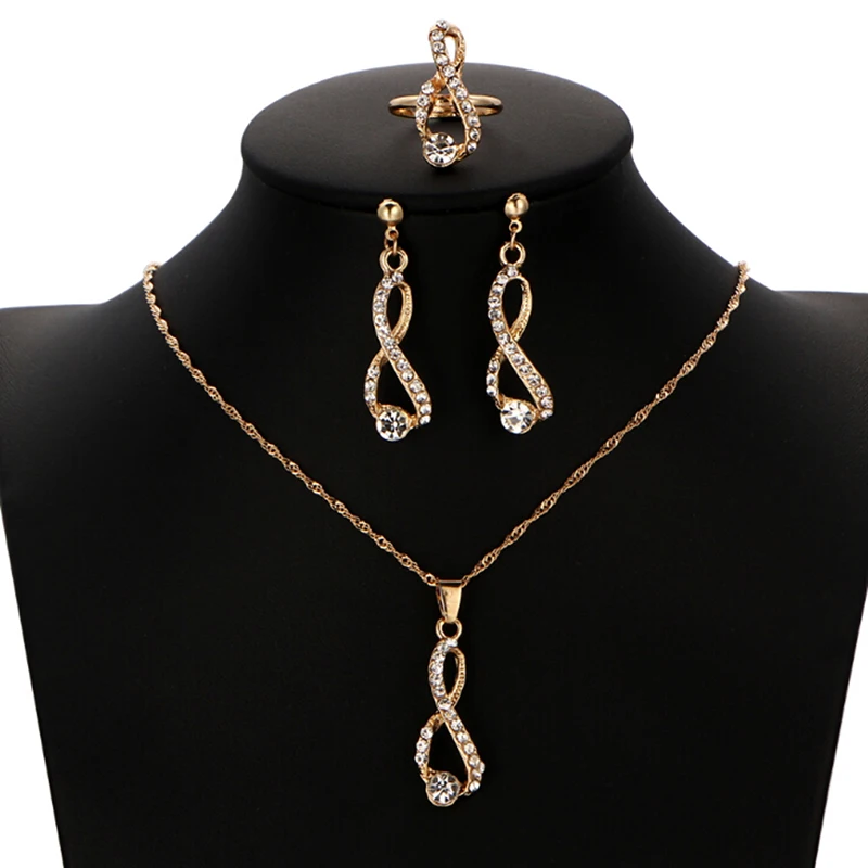 Crystal Long Necklace Earrings Rings Gold Color Bridal Jewelry Set Simple Design Wedding Jewelry For Woman