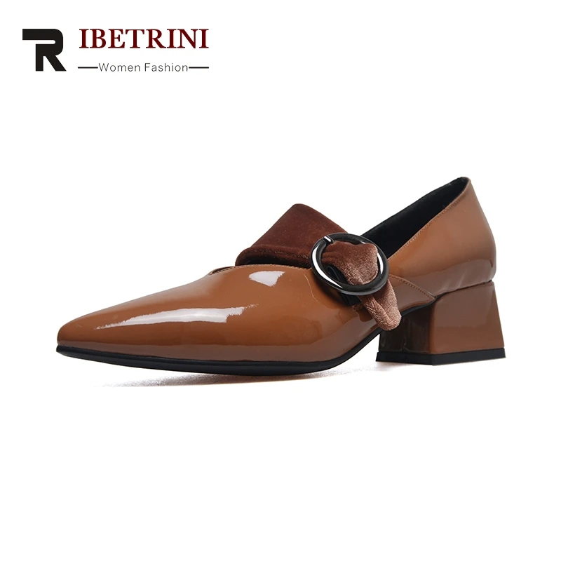 

RIBETRINI 2018 Genuine Leather Buckle Strap Patent Leather Mid Heels Pointed Toe Office Party Pump Shoes Woman Size 32-43