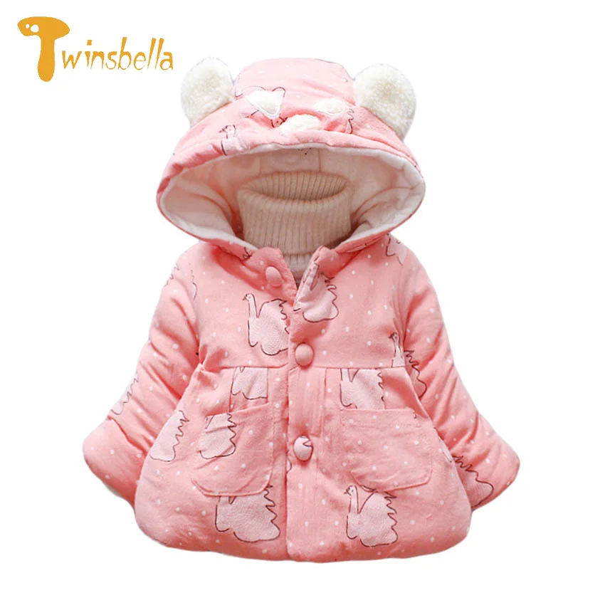 TWINSBELLA 2018 New Autumn Winter Jackets For Baby Girls Fleece Hooded Cartoon Print Outerwear Coat Children Warm Clothes