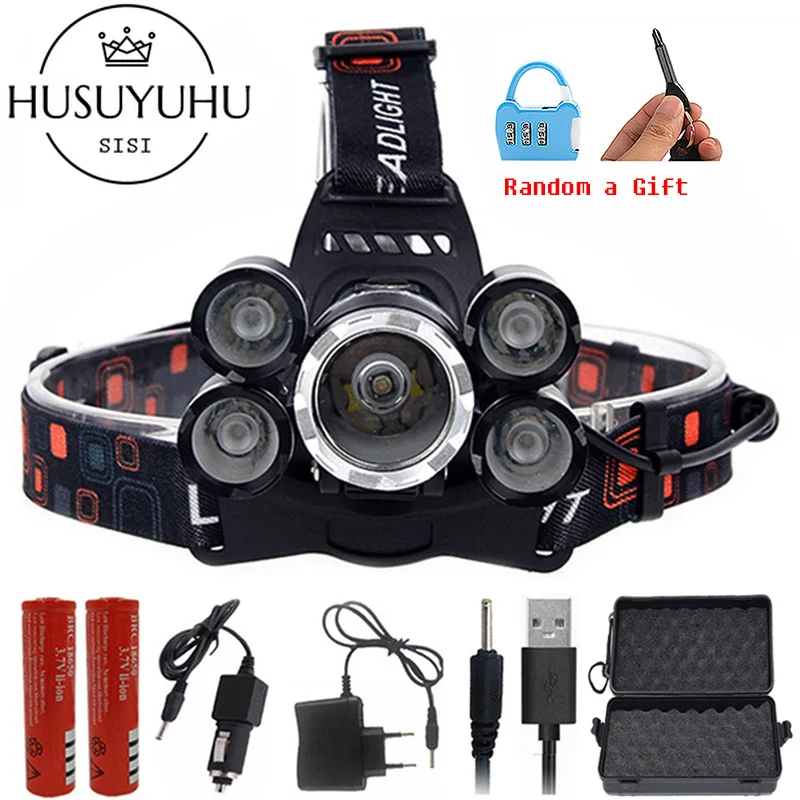 

HUSUYUHU SISI 12000 Lumen Cree Xml T6 Hight Power Light 5 Led Headlamp18650 Led Head Lamp Rechargeable Flashlight Torch Lantern