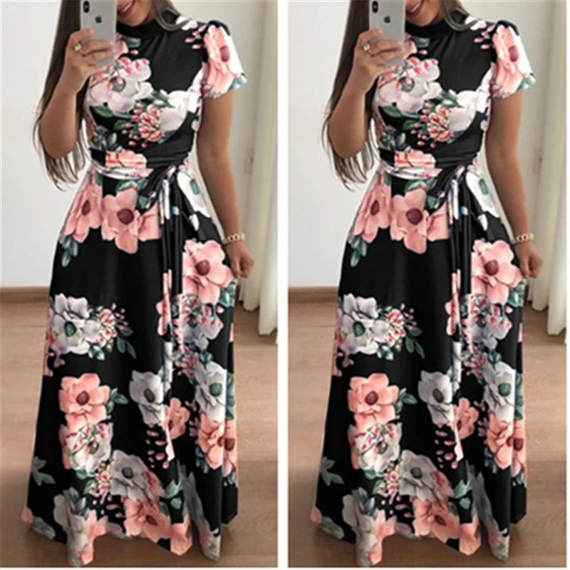 Лидер продаж, женское летнее повседневное длинное Пляжное Платье макси с цветочным принтом в стиле бохо, элегантное Бандажное платье с высоким воротом, Vestido