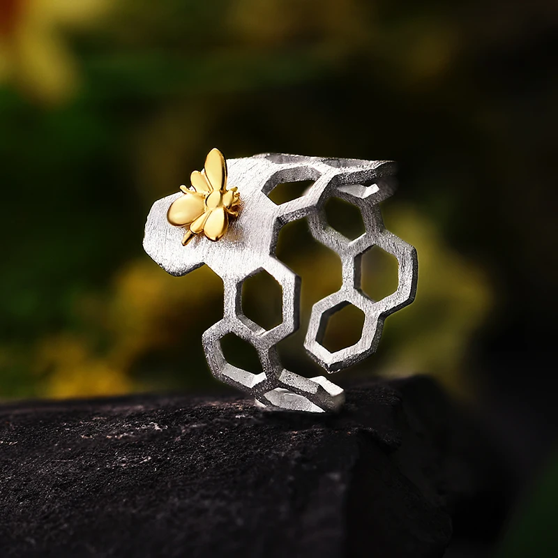 Lotus Fun Genuine 925 Sterling Silver Rings for Women Geometric Honeycomb Bee Open Adjustable Ring silver 925 jewelry Girl Gifts