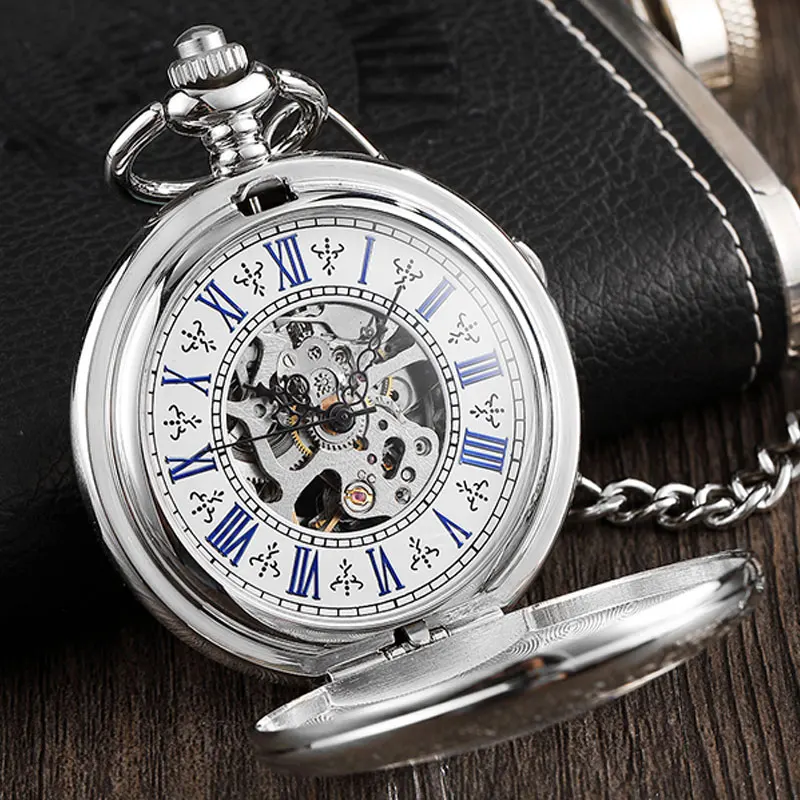 Antique Full Silver Stainless Steel Pocket Watch Mechanical Men Steampunk Vintage Hand-wind Engraved Fob Pendant Clock Women