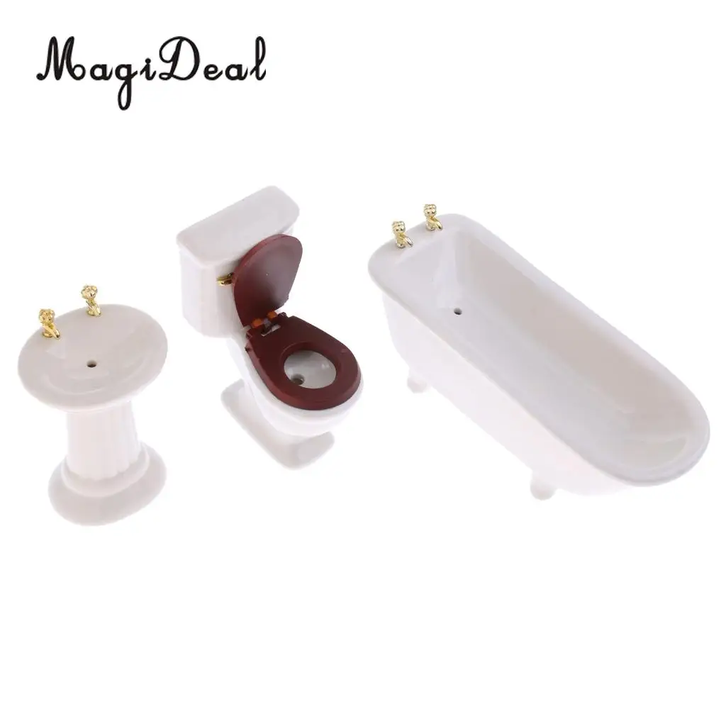 3Pcs/Set White Ceramic Bathroom Bathtub for 1/12 Scale Dollhouse Miniature Furniture Decor Kids Role Play Toys