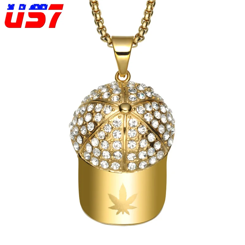 US7 Hip Hop Rock Hat Stainless Steel Pendant Necklaces Iced Out Bling
